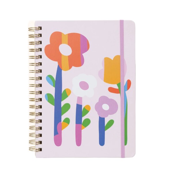 Front of Spiral notebook with an elastic to hold it closed, a pink background with drawn flowers in multiple colors